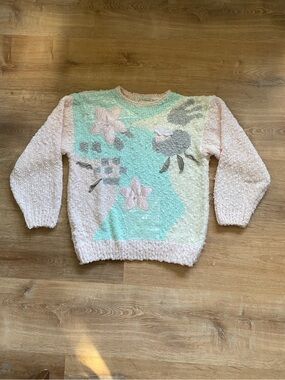 Vintage 80s 90s J.S. Fashion Pastel Chunky Knit Floral Sweater Medium Large